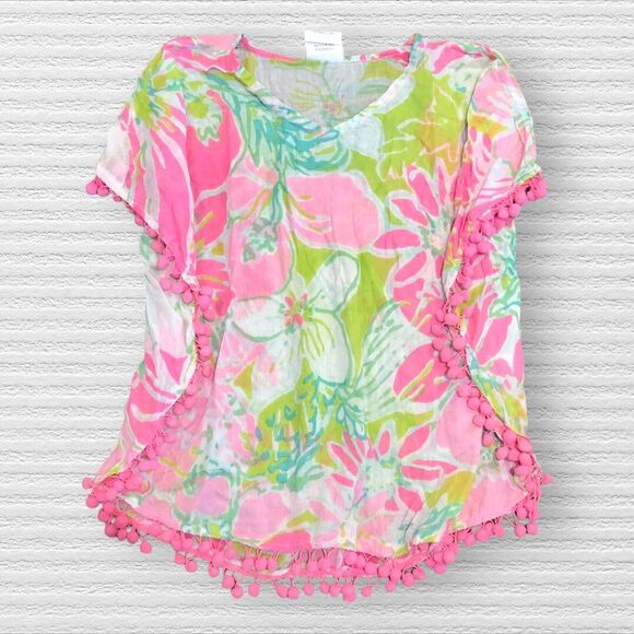 Classic Whimsy Girls Swim Cover Up Floral Pom Pom Pink Green Size 7/8 - Picture 1 of 5